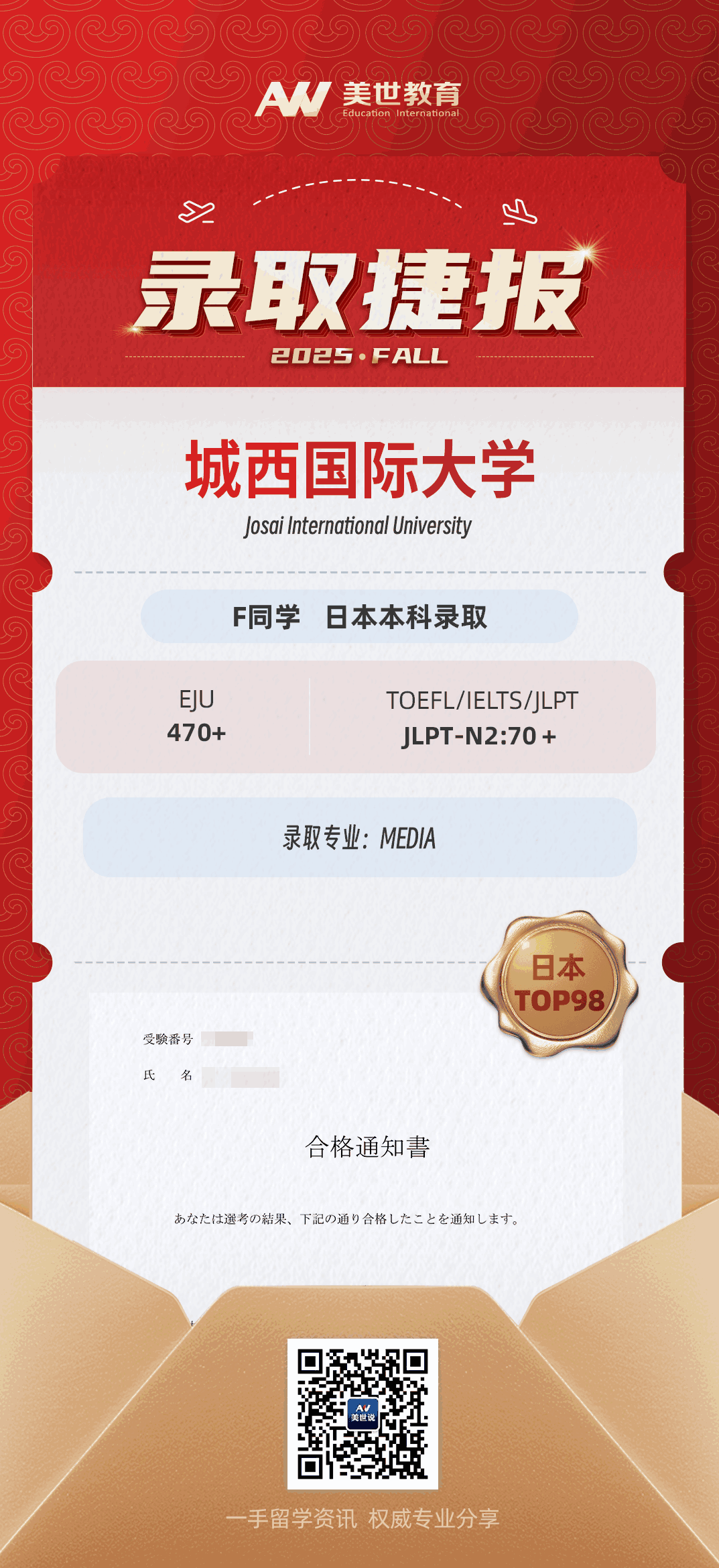 美世捷报|恭喜F同学斩获日本城西国际大学本科offer